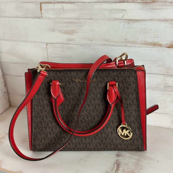Michael Kors Hope Medium Messenger Bag Flame Red & Brown Satchel/Crossbody - Picture 1 of 8
